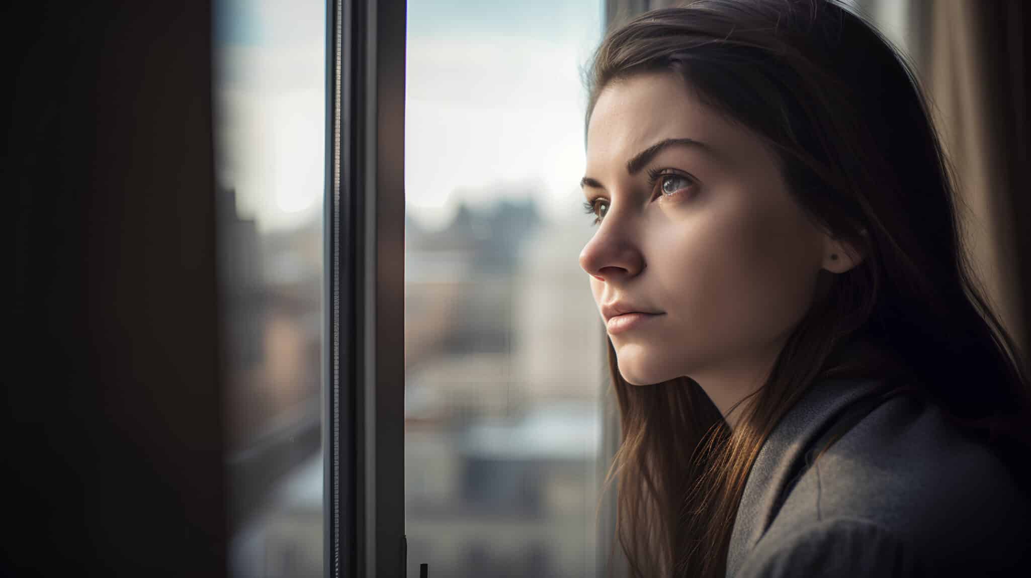 A woman standing by a window, looking outside thoughtfully—capturing the emotional and reflective experience of living with a chronic autoimmune disease like Sjögren’s syndrome.