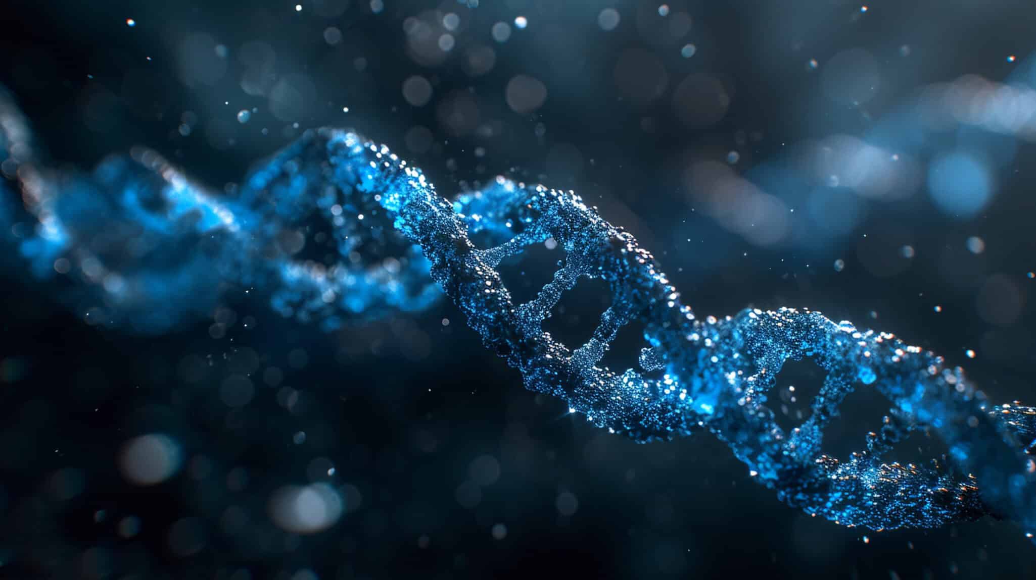 Close-up image of a DNA strand, symbolizing the role of genetic and circulating biomarkers in estimating biological age
