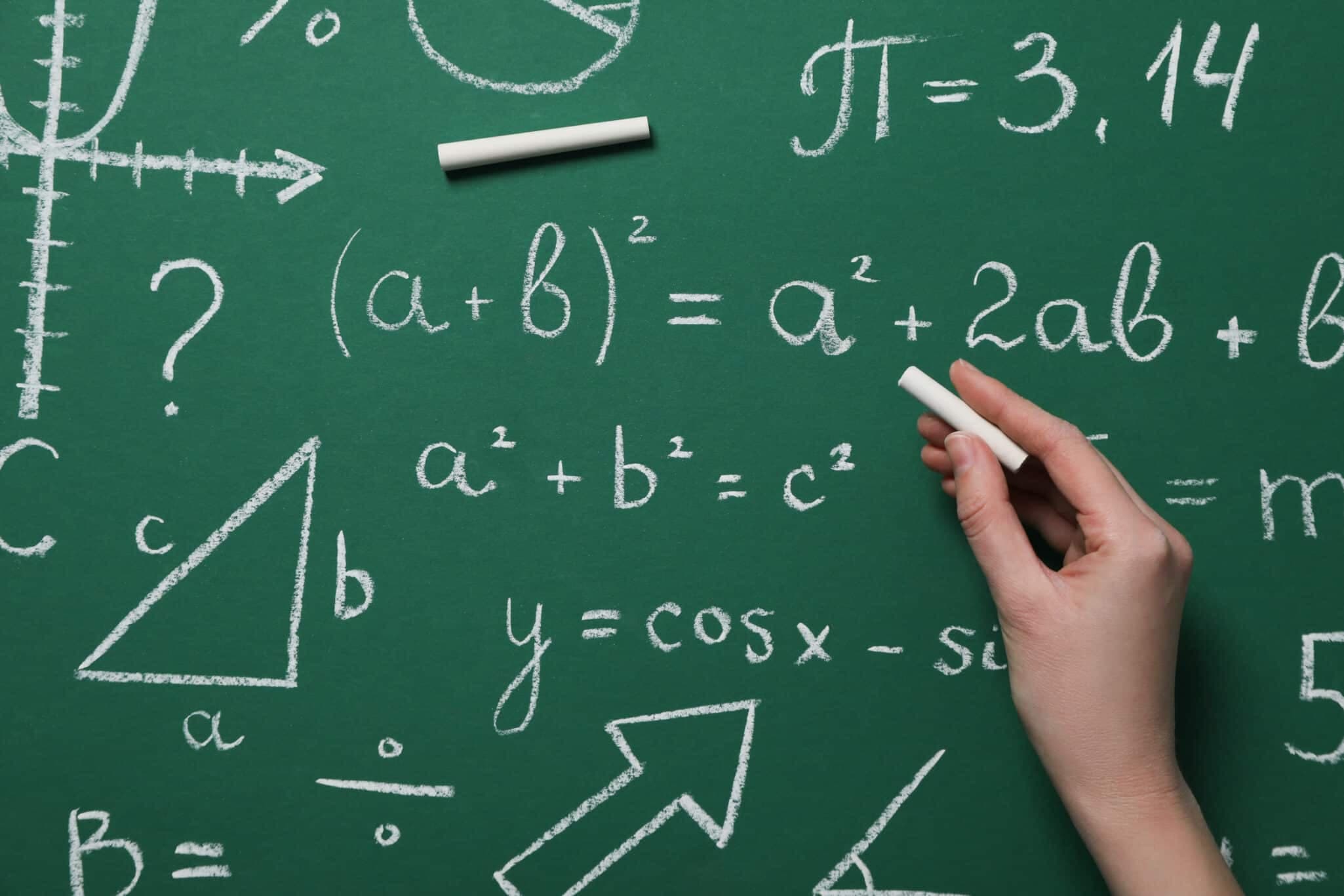 Green chalkboard filled with math equations representing genetic connection to mathematical ability